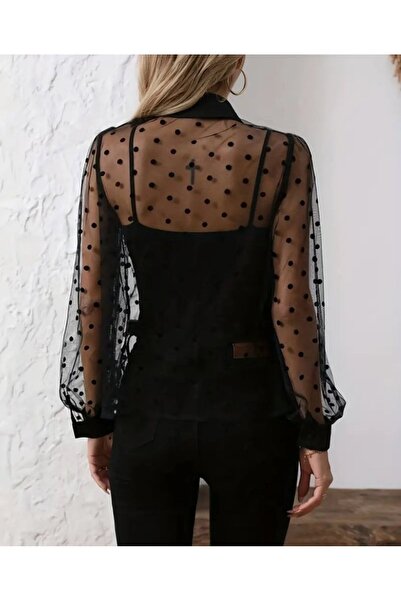 soonaksesuar Women's Long Sleeve Collared Transparent Tulle Detailed and Viscose Undershirt Double Set