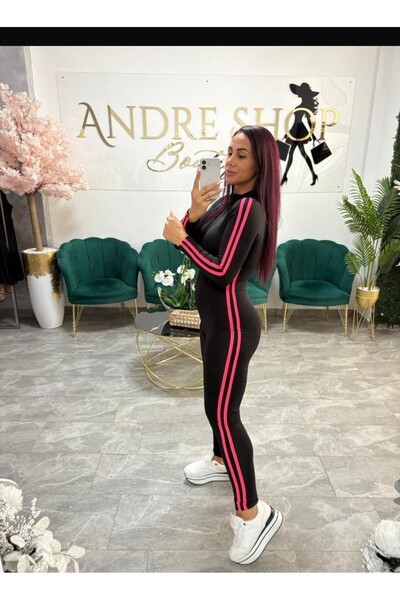 ANATOLIATEKSTILE Black sports jumpsuit with zipper and side stripes - shaping, long sleeve