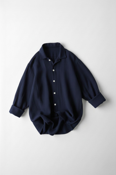 A&O Style Men's Navy Blue Oversized Muslin Long Sleeve Linen Shirt