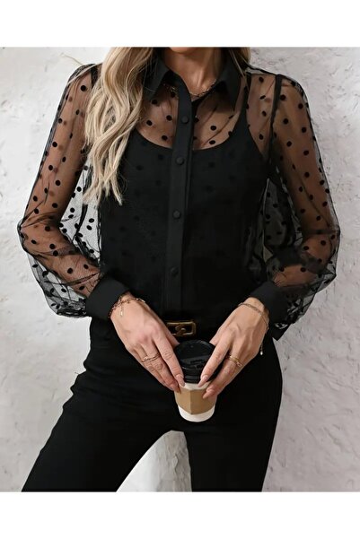 soonaksesuar Women's Long Sleeve Collared Transparent Tulle Detailed and Viscose Undershirt Double Set