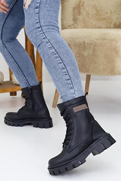 Macs Moda Kadın Bağcıklı Fermuarlı Kahverengi Detaylı Kalın Taban Postal Bot ...