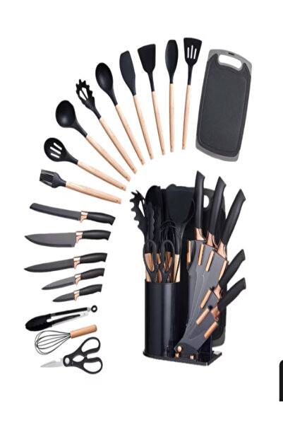 OEM Stainless steel knife set, includes silicone cooking utensils in holder 19 pieces, Black