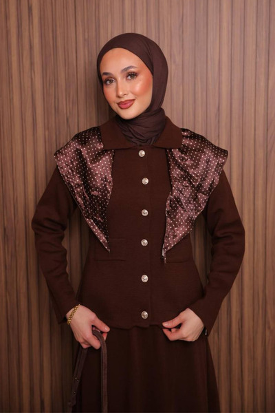 Mogi Butik Women's Tight Knit Polo Neck Cardigan with Skirt Hijab Knitwear Set 3137