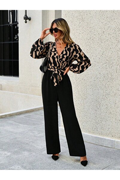 Giyimodam Women's Long Sleeve Double-Breasted Collar Waist Belted Top Diver Bottom Imported Crepe Jumpsuit