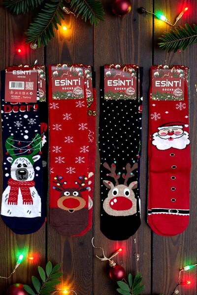 Esinti 4 Pairs Unisex Christmas Socks Colorful Patterned Gift New Year Men Women Long Socks Set