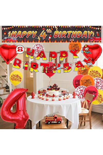 OEM Birthday party for a 4 year old boy, with firefighters, balloons, garland and cake decoration, textile banner