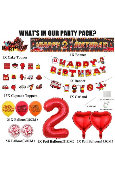 OEM Birthday party for a 2 year old boy, with firefighters, balloons, garland and cake decoration, textile banner