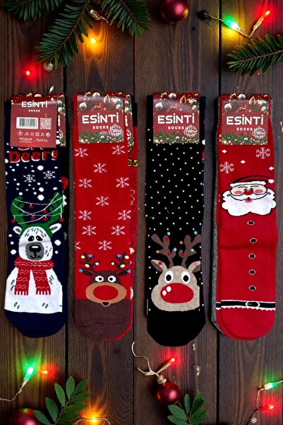 Esinti 4 Pairs Unisex Christmas Socks Colorful Patterned Gift New Year Men Women Long Socks Set