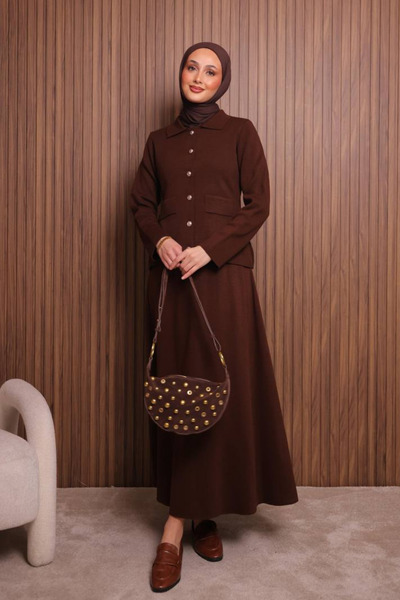 Mogi Butik Women's Tight Knit Polo Neck Cardigan with Skirt Hijab Knitwear Set 3137