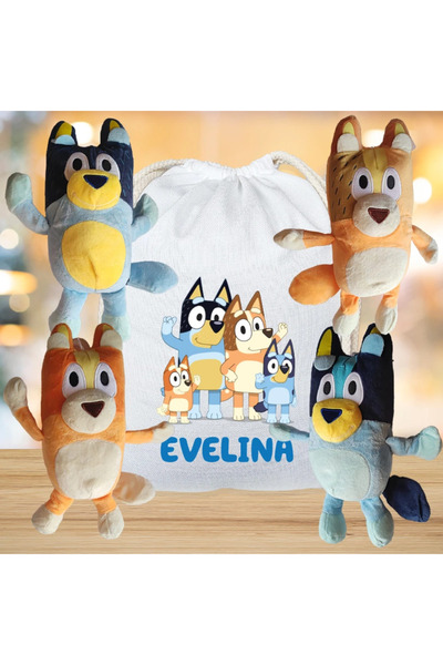 bluey Set de pluș pentru familie cu pungă personalizată pentru nume