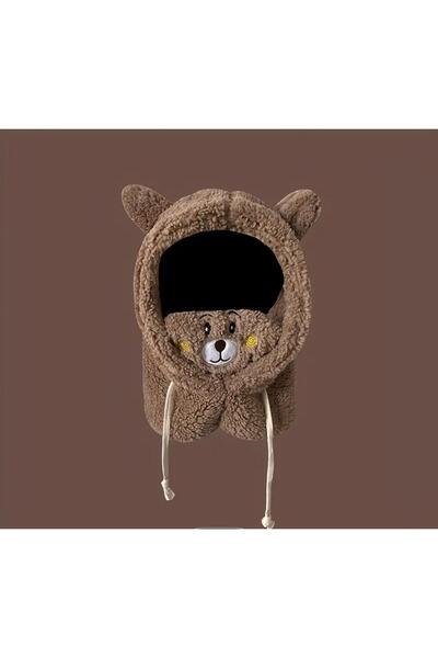 zyc Plush Beanie Hat with Cute Teddy Bear Detail and Neck Collar