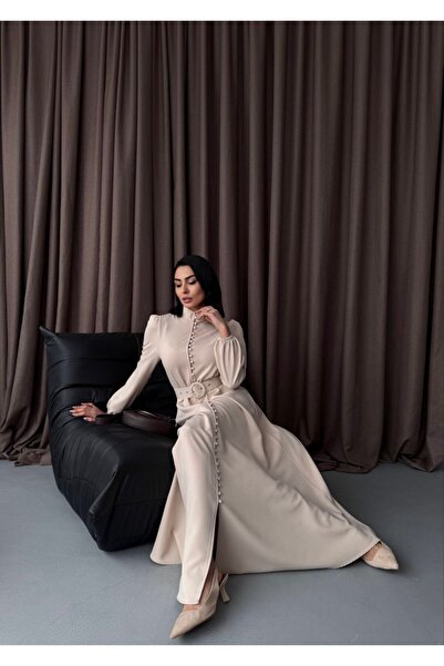 MSN Atlas Fabric Thick Inner-Lined Button Detailed Turtleneck Dress (Belt Included)-Beige-2511