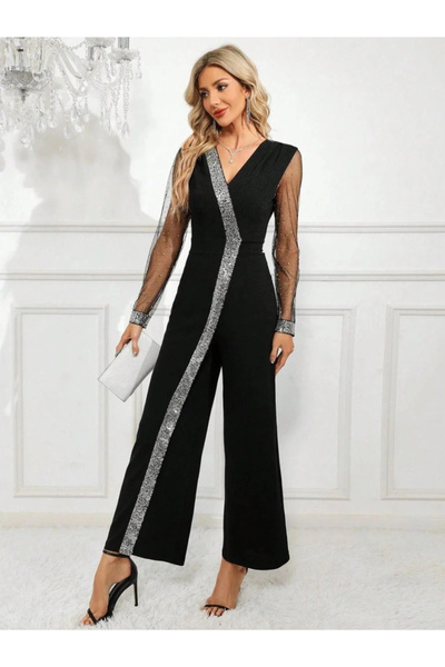 Moda Ebrar Women's Long V-Neck Front Sequin Detailed Tulle Long Imported Crepe Jumpsuit