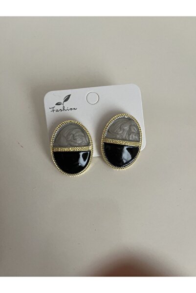 thesecret desire Oval Stone Detailed Earrings – Gold Framed Gray & Black Styl...
