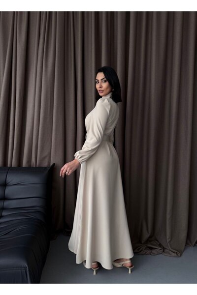 MSN Atlas Fabric Thick Inner-Lined Button Detailed Turtleneck Dress (Belt Included)-Beige-2511