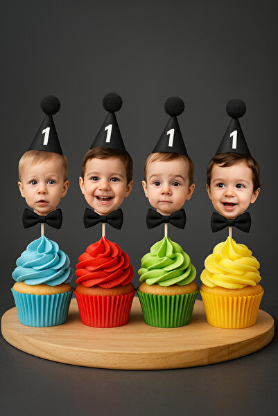 Dijital Nostal Kişiye Özel 1 Yaş Temalı Cupcake Pasta Dekor Süslemesi 10 Adet...