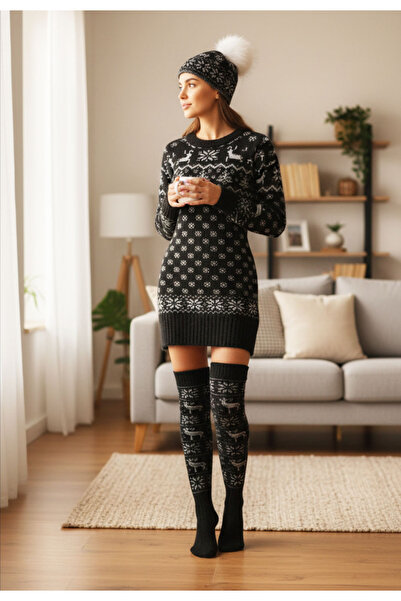 Star Fashion Rochie Craciunita, tricotata, cu caciula si jambiere, set 3 pies...