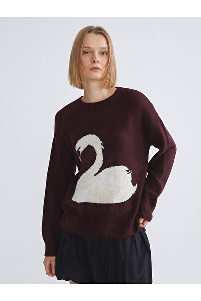 LC Waikiki Swan Patterned Oversized Women's Knitwear Sweater