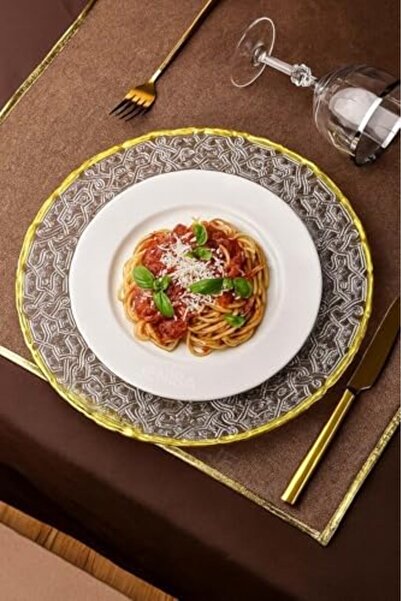 STOREMAX modashine Altın Detaylı Yuvarlak Cam Supla – 33 Cm Servis Ve Dekor T...