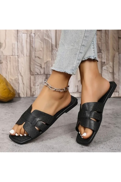 Atelier by Ece Black Crocodile Slippers