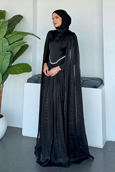 Hazamoda فستان سهرة بحجر الخصر باللون الأسود