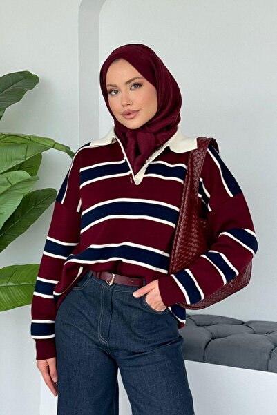 Hazamoda Yakalı Pike Çizgili Kazak Bordo