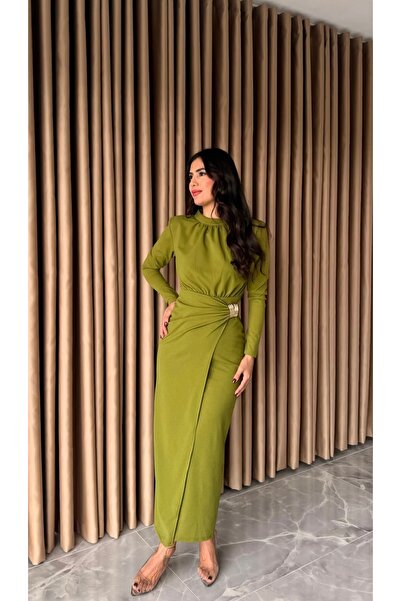 Afiş Butik Yeşil Kadın Piliseli Tokalı Uzun Kollu Elbise