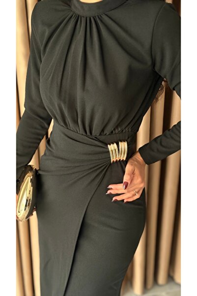 Afiş Butik Black Women's Pleated Buckled Long Sleeve Dress