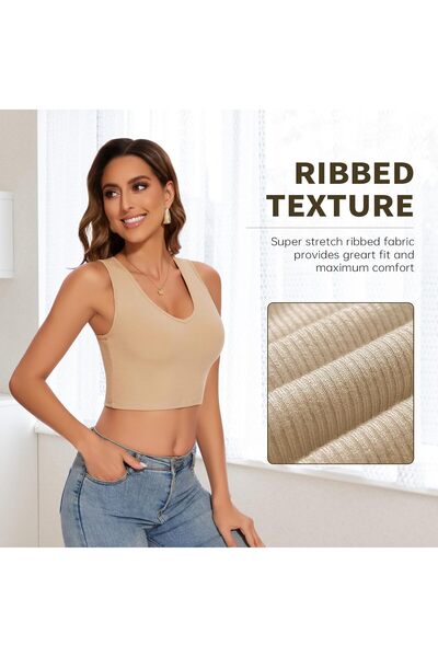 Wowear WOWENY Women's Crop Tank Top with Integrated Bra, Double-Lined Ribbed V-Neck M