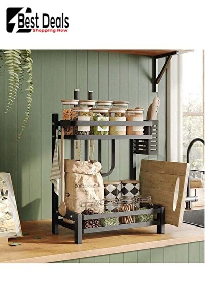 Best Deals رف تخزين التوابل ذو طبقتين، يتسع للسكاكين وعيدان تناول الطعام وألو...