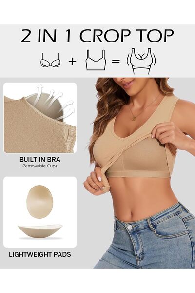 Wowear WOWENY Women's Crop Tank Top with Integrated Bra, Double-Lined Ribbed V-Neck M