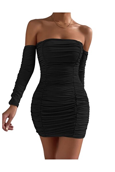 Sweaty Bands SweatyRocks Women's Mini Off-Shoulder Ruffle Long Sleeve Bodycon Casual Party Dress Black S