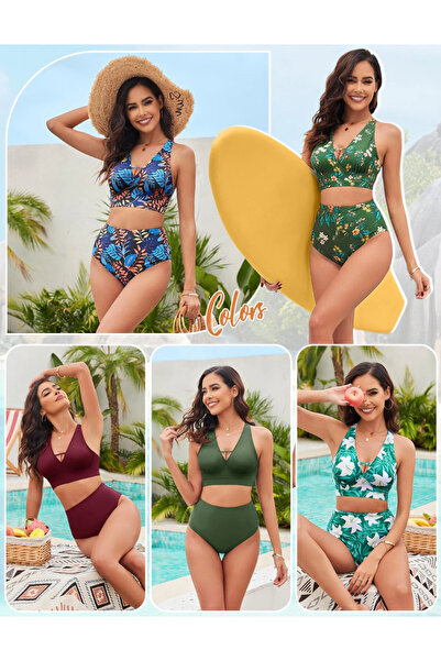 TUOPUDA Women Two Piece High Waist V-Neck Push Up Bikini Set (Green, M)