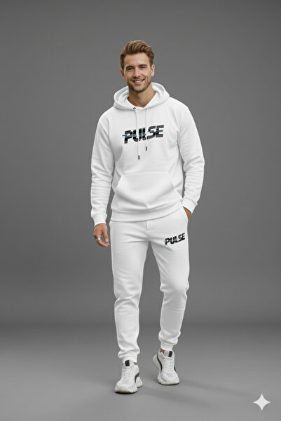 LiyAdaCo Men's Hooded Pulse Printed White Bottom Top Tracksuit Set