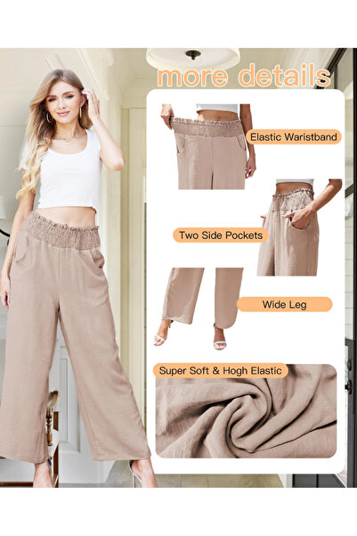 Vans Vansha Women High Waisted Cotton Linen Palazzo Pants, Khaki, S