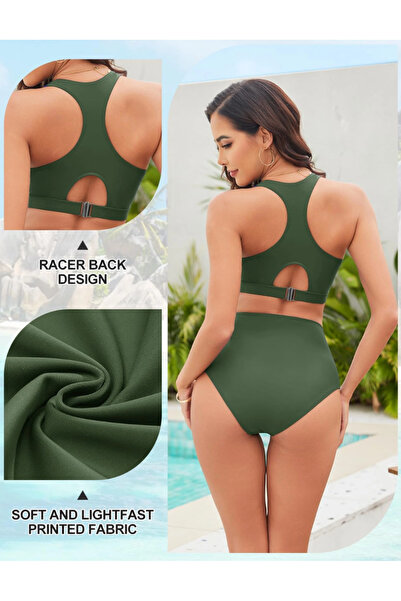 TUOPUDA Women Two Piece High Waist V-Neck Push Up Bikini Set (Green, M)