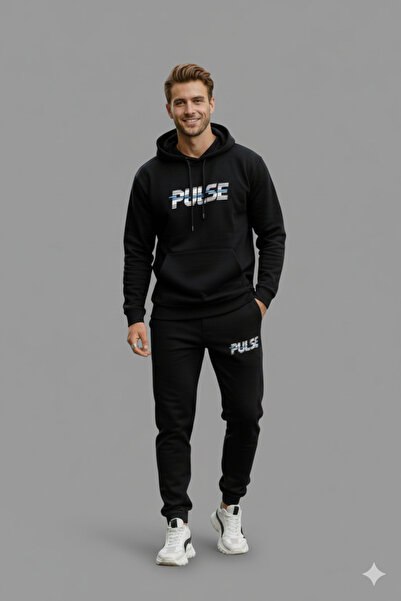 LiyAdaCo Men's Hooded Pulse Printed Black Bottom Top Tracksuit Set