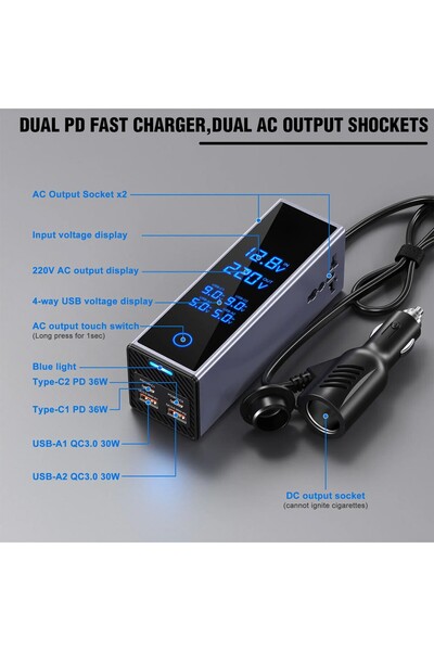 Generic 300W Car Power Inverter 12V to 220V Converter 7 Ports Fast Charging Type C USB Outlet Adapter