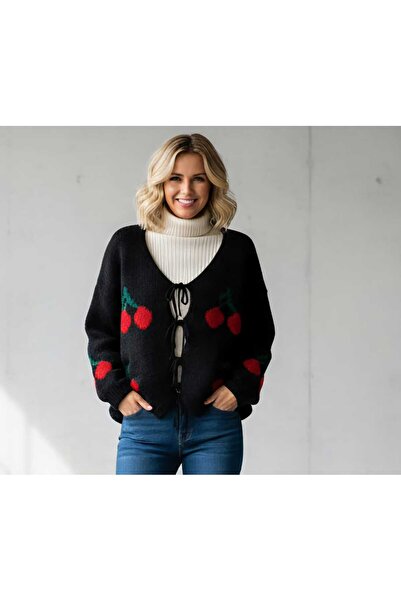 Volupta Beige Knitted Cardigan with Cherry Motifs and Decorative Cord