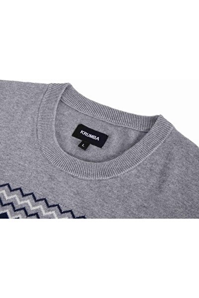 Krumad Krumba Men's Cotton Pullover Diamond and Wave Pattern Crew Neck Gray XL