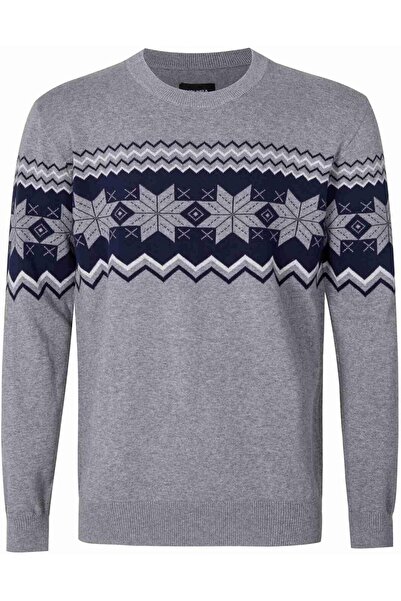 Krumad Krumba Men's Cotton Pullover Diamond and Wave Pattern Crew Neck Gray XL