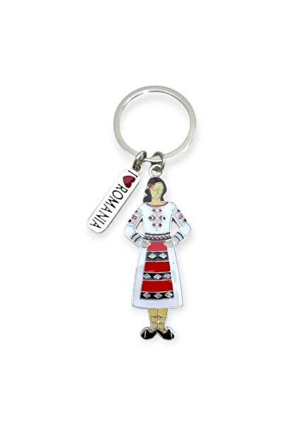 Ceramica Martinescu Metal keychain I love Romania – woman in traditional costume, gift ready