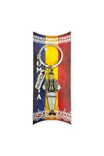 Ceramica Martinescu Metal keychain 'I love Romania' – man in traditional costume, gift ready packaged