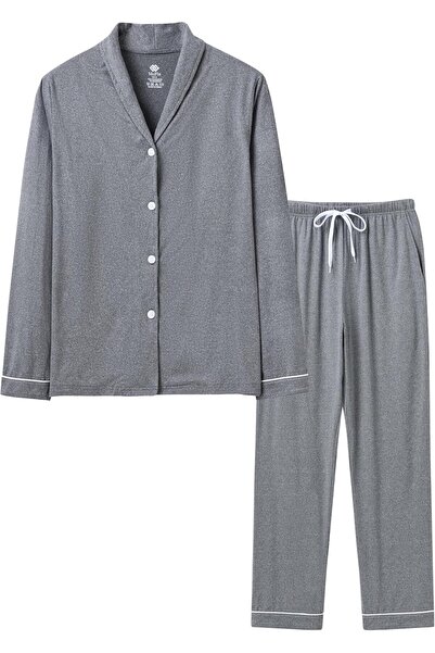 MOFIZ Women's Long Winter Soft Pyjamas Set with Buttons, V-Neck, Long Sleeves L
