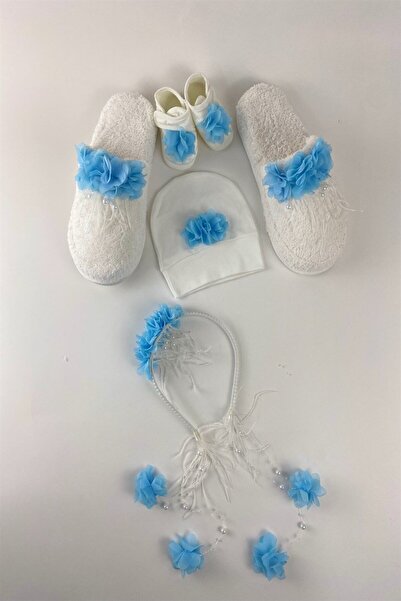 Lohusa Homewear Women's Blue Pearl Stone Maternity Crown Slippers Beanie Baby Booties Set of 4 Effort