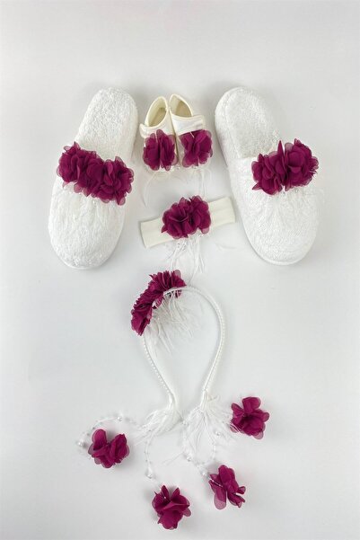 Lohusa Homewear Women's Fuchsia Pearl Stone Maternity Crown Slippers Bandana Baby Booties Set of 4 Effort