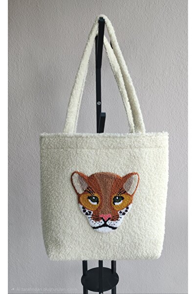CieloHandmade El Yapımı Punch İşlemeli Kaplan Desenli Teddy Tote Çanta – Yumu...