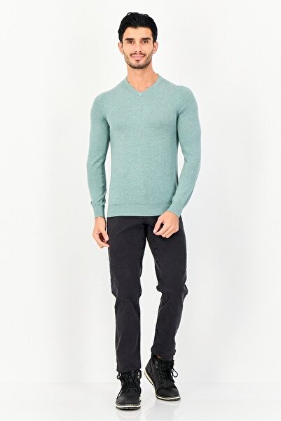 CELIO Men V Neck Long Sleeve Heather Sweater, Green