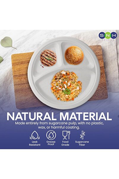 SNH Packing 10" 3-Compartment White Disposable Plates (10 Pack) - Bagasse Sugarcane, Compostable