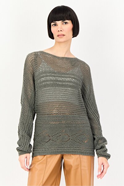 PROMOD Women Round Neck Textured Sweater, Olive